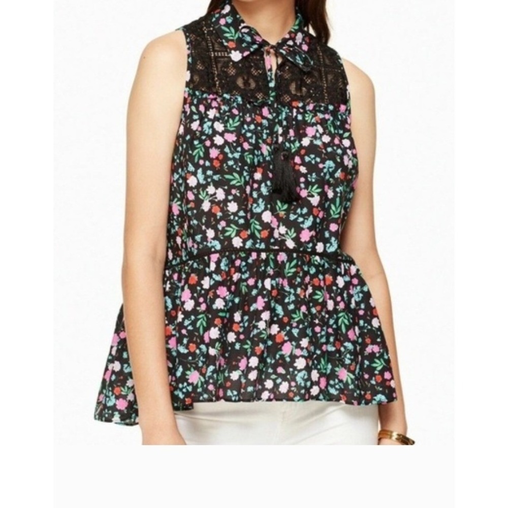 Kate Spade New York Greenhouse Lace Yoke Floral Peplum Blouse Black Multi L NEW